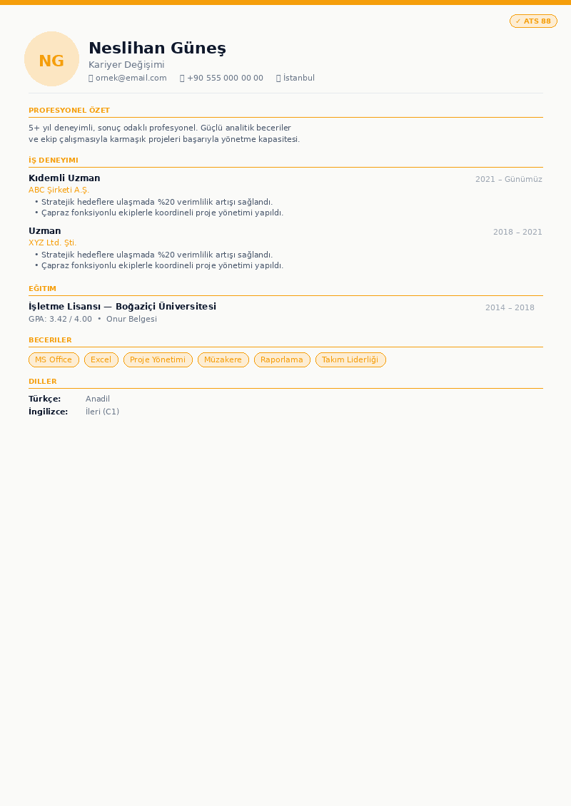 Kariyer Değişimi CV önizleme