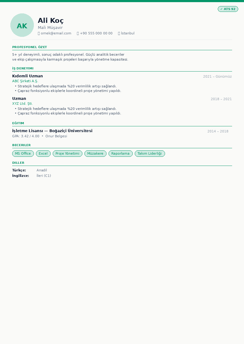 Muhasebe & Finans CV önizleme