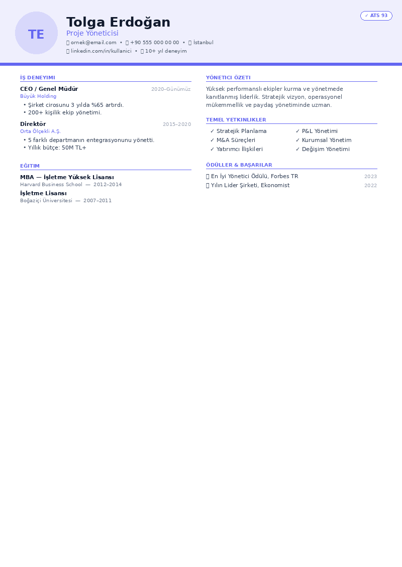 Proje Yöneticisi CV önizleme