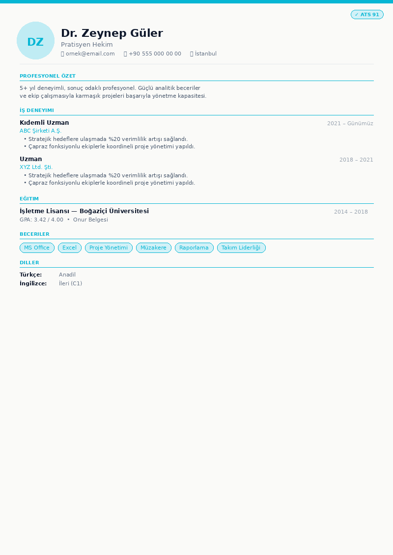 Sağlık & Tıp CV önizleme
