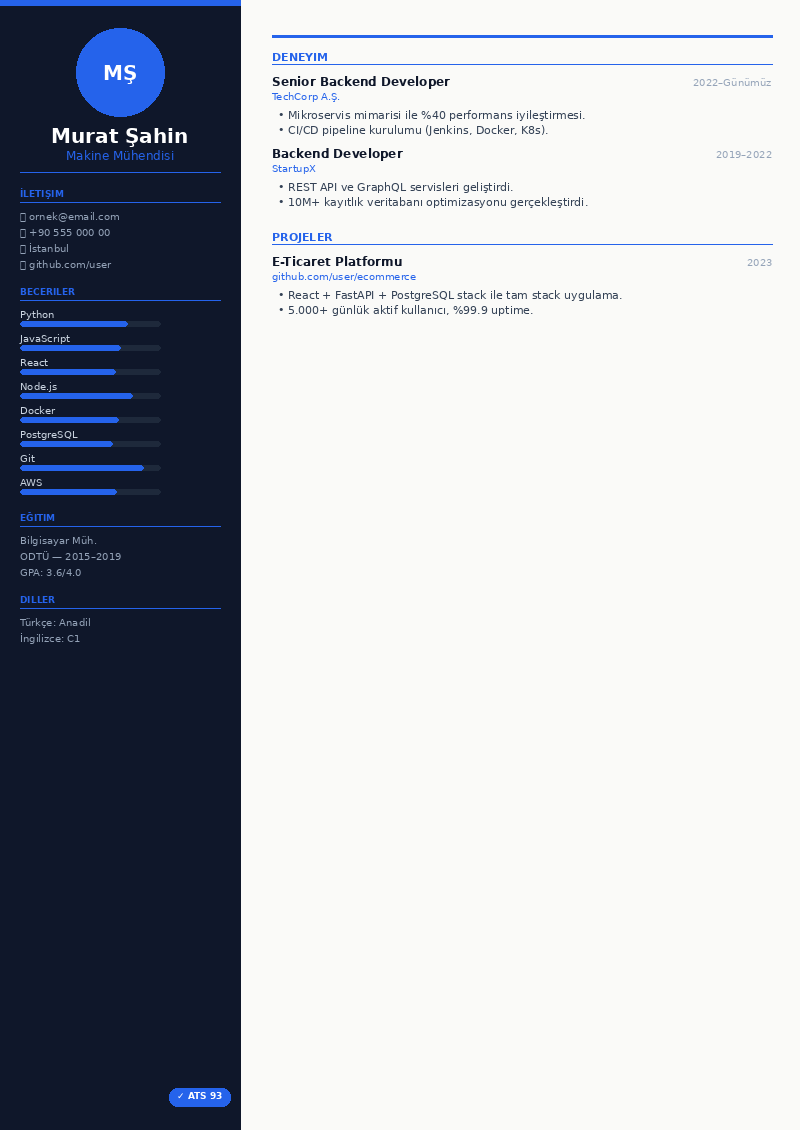 Mühendis CV CV şablonu önizleme