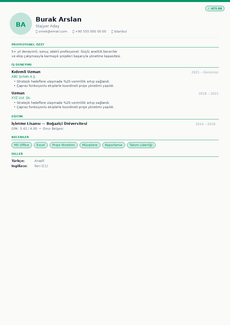 Stajyer & Öğrenci CV CV şablonu önizleme